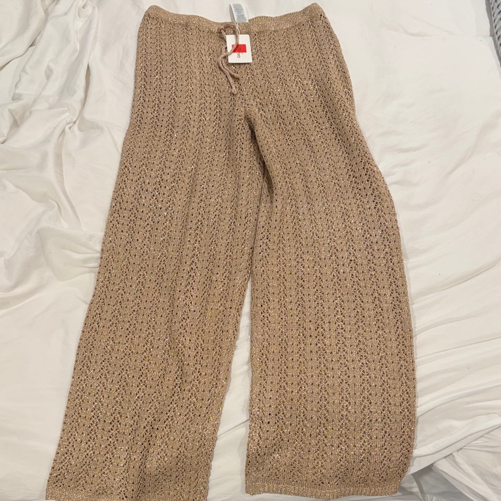 Caldezonia Tan Knit Wide-Leg Cover Up Pants